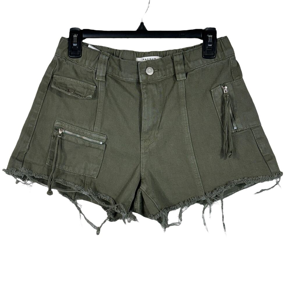 Pacsun Medium Jean Cutoff Cargo Shorts Hi-Rise Zip-Fly Pockets Frayed Hems Green